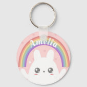 Cute Kawaii Bunny and Rainbow Personalized Sleutelhanger (Voorkant)