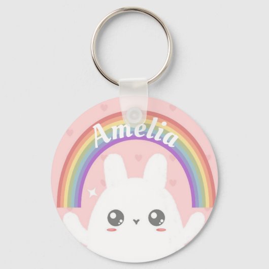 Cute Kawaii Bunny and Rainbow Personalized Sleutelhanger (Voorkant)