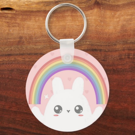 Cute Kawaii Bunny and Rainbow Personalized Sleutelhanger (Achterkant)