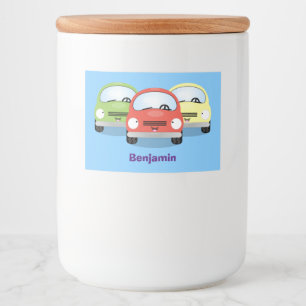 Cute kawaii cars cartoon illustratie voedselcontainer etiket