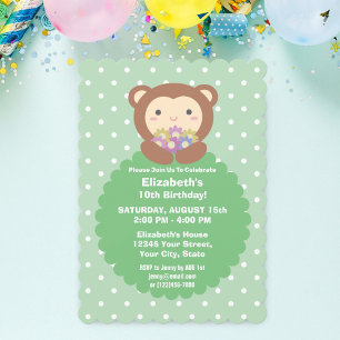 Cute Kawaii Cartoon Monkey & Flowers Kids Birthday Kaart