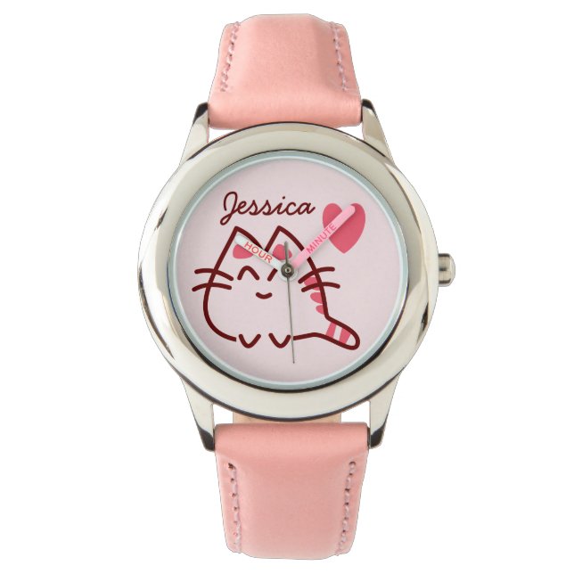 Cute Kawaii Cat and Heart Personalized Horloge (Voorkant)