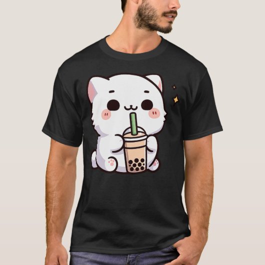 Cute Kawaii Cat Drinking Boba Tea T-shirt (Voorkant)