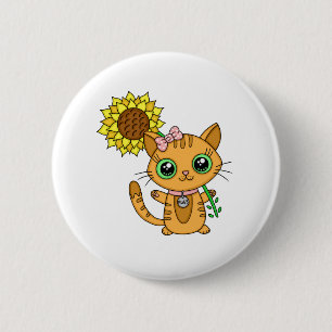 Cute Kawaii Cat Holding Flower Ronde Button 5,7 Cm