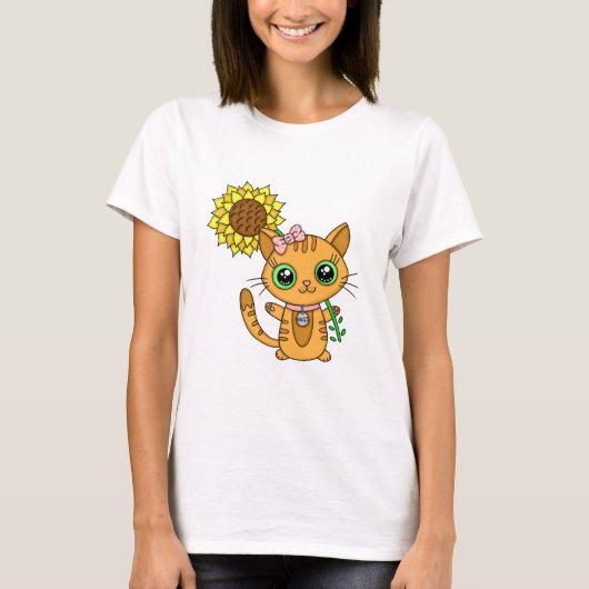 Cute Kawaii Cat Holding Flower T-shirt (Voorkant)