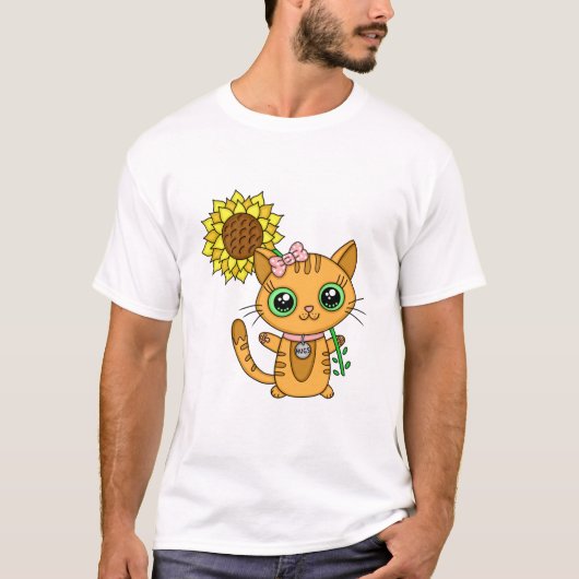 Cute Kawaii Cat Holding Flower T-shirt (Voorkant)