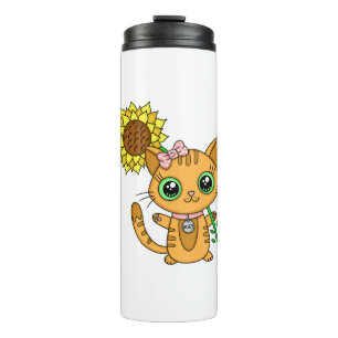 Cute Kawaii Cat Holding Flower Thermosbeker