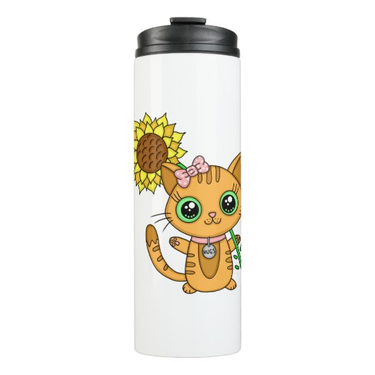 Cute Kawaii Cat Holding Flower Thermosbeker (Voorkant)