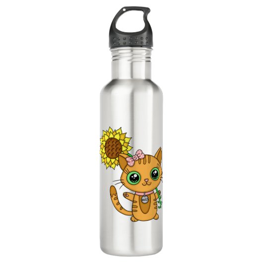 Cute Kawaii Cat Holding Flower Waterfles (Voorkant)