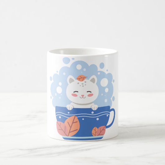 Cute Kawaii Cat in a Blue Teacup Coffee Mug (Centre)
