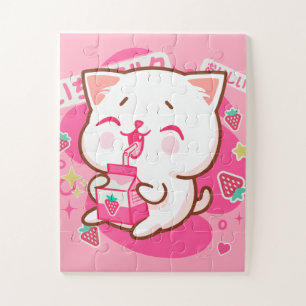 Cute Kawaii Cat Japanse aardbeienmelk Legpuzzel