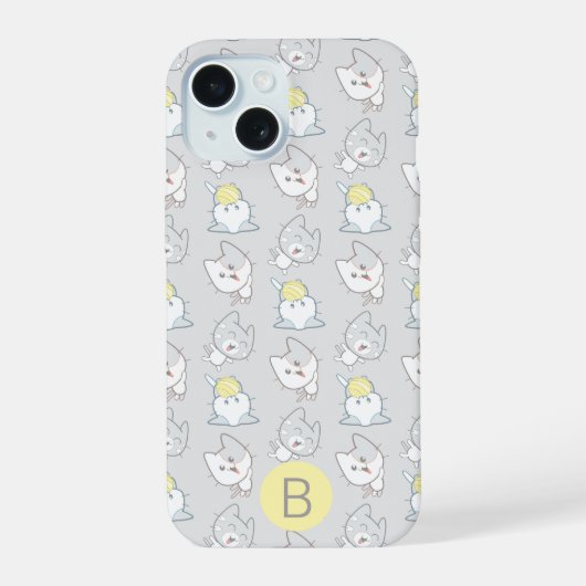 Cute Kawaii Cat Pattern Gray Yellow Monogram iPhone 15 Hoesje (Achterkant)