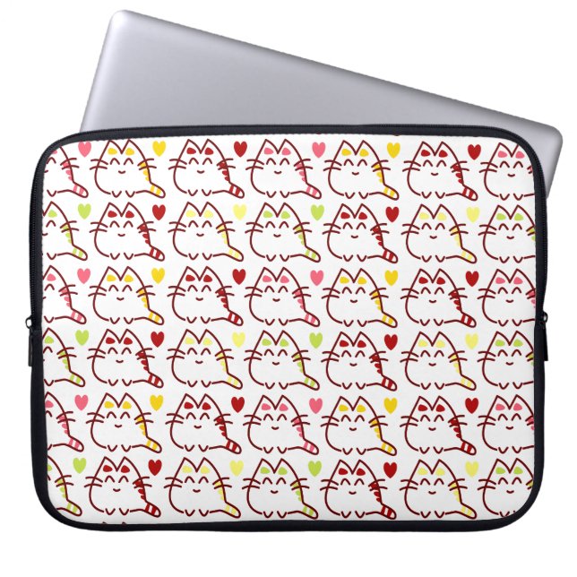 Cute Kawaii Cats and Hearts Pattern Laptop Sleeve (Voorkant)