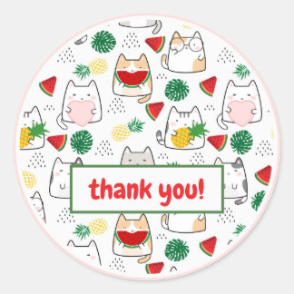 Cute Kawaii Cats Tropical Watermelon Bedankt Ronde Sticker