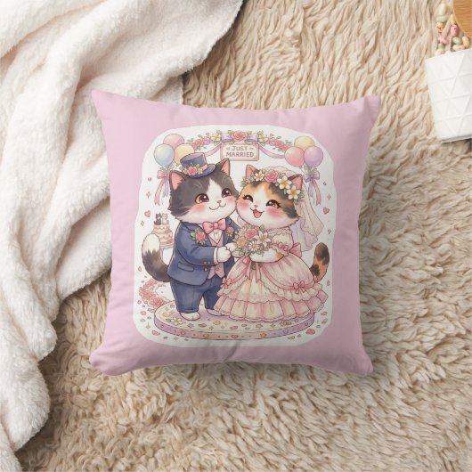 Cute Kawaii Chats Mariés Coussin Rose  (Couverture)