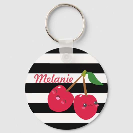 Cute Kawaii Cherry Striped Personalized Sleutelhanger (Voorkant)