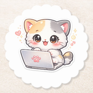 Cute Kawaii Chibi Kat met Laptop Bureaublad Onderz Kartonnen Onderzetters