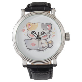 Cute Kawaii Chibi Kat met Laptop Horloge
