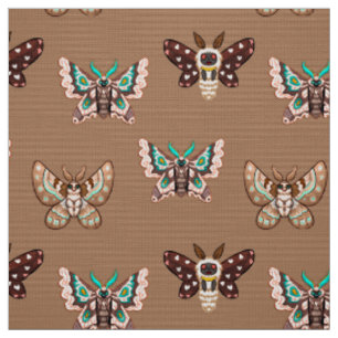 Cute Kawaii Chibi Moths on Coffee Tan Stof