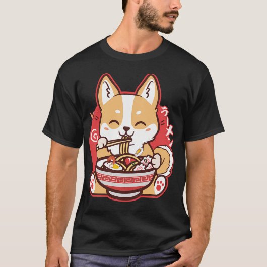 Cute Kawaii Corgi Eating Ramen T-shirt (Voorkant)