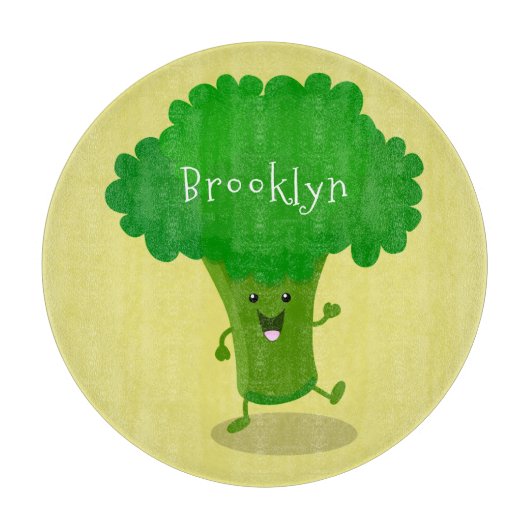 Cute kawaii dansende broccoli cartoon illustratie snijplank (Voorkant)