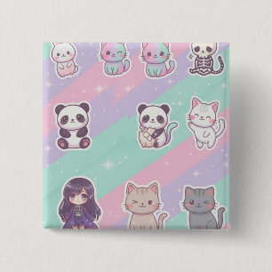 Cute Kawaii Dieren Pastel Glitter Speld Vierkante Button 5,1 Cm