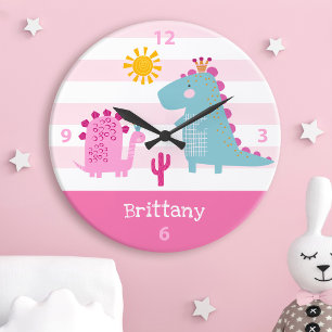 Cute Kawaii Dinosaur Girl Pink Nursery Custom Name Grote Klok