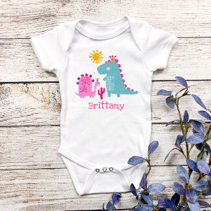 Cute Kawaii Dinosaurs Baby Girl Roze Naam Romper