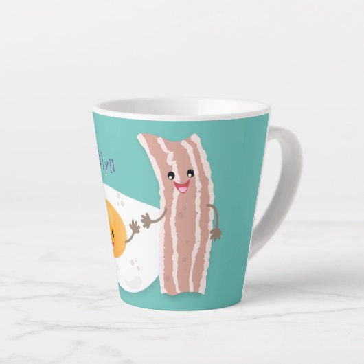 Cute kawaii egg and bacon cartoon illustration latte mok (Rechterhoek)