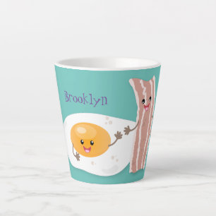 Cute kawaii egg and bacon cartoon illustration latte mok