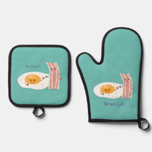 Cute kawaii egg and bacon cartoon illustration ovenwant & pannenlap set