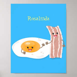 Cute kawaii egg and bacon cartoon illustration poster