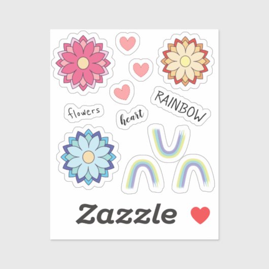 Cute Kawaii Flowers Rainbow Heart Stickers (Vel)