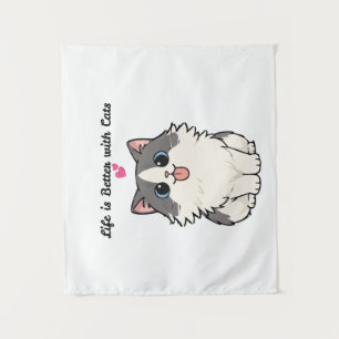 Cute Kawaii Fluffy Kat Chibi Cartoon Illustratie Wandkleed