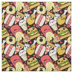 Cute Kawaii Food Patterned Black Stof