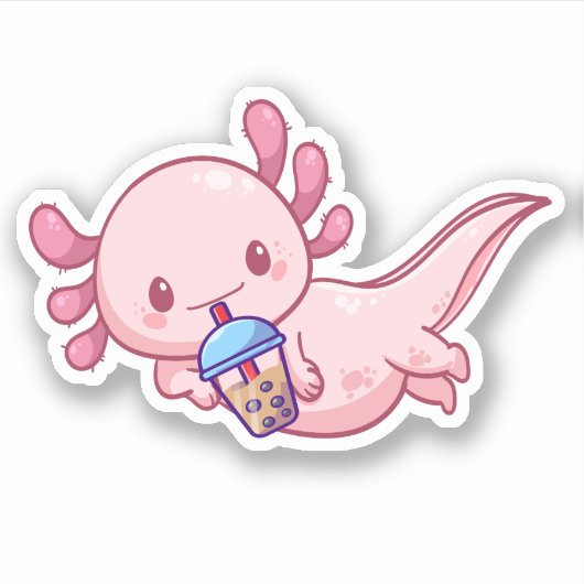 Cute Kawaii Funny Axolotl Boba Bubble Tea Sticker (Voorkant)