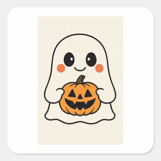 Cute Kawaii Ghost with Pumpkin Vierkante Sticker (Voorkant)