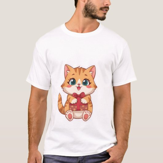 Cute Kawaii Ginger Cat Holding Red Gift Box  ✨🎁 T-shirt (Voorkant)