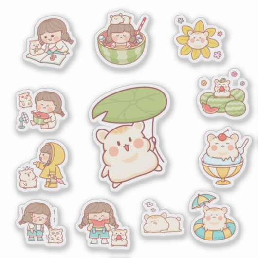 Cute Kawaii Girl and Bear Stickers (Voorkant)