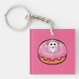 Cute Kawaii Hamster in Roze Glazuur Donut Kunst Sleutelhanger