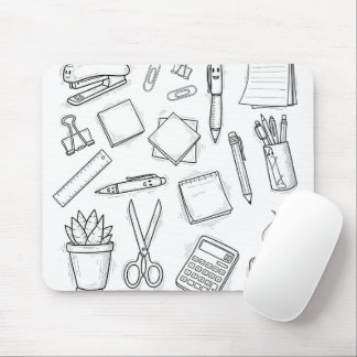 Cute Kawaii Kantoorartikelen Doodles Zwart en Wit  Muismat