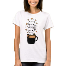 Cute Kawaii Kat Drinkende Koffiemok Hartjes T-Shir