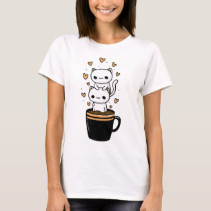 Cute Kawaii Kat Drinkende Koffiemok Hartjes T-Shir T-shirt