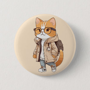 Cute Kawaii Kat in Stijlvolle Outfit Ronde Button 5,7 Cm