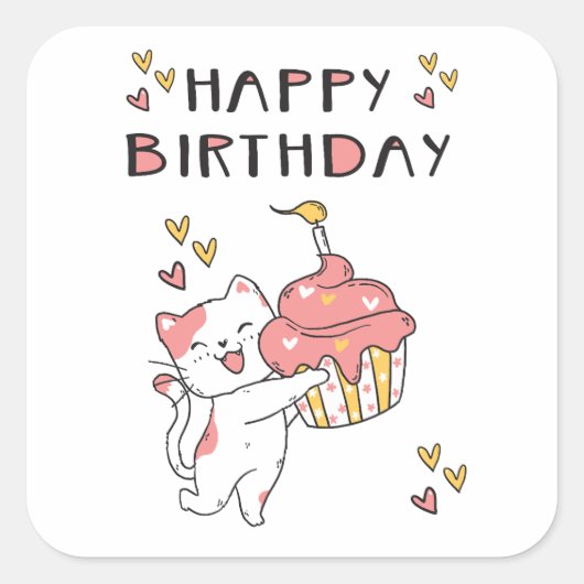Cute Kawaii kat met cupcake Vierkante Sticker (Voorkant)