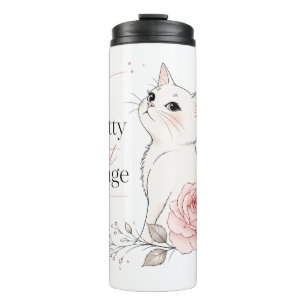 Cute Kawaii Kat "Mooie maar Wrede" Bloemige Thermi Thermosbeker