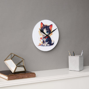 Cute Kawaii Kat voor Kattenliefhebbers, Wandklok Ronde Klok
