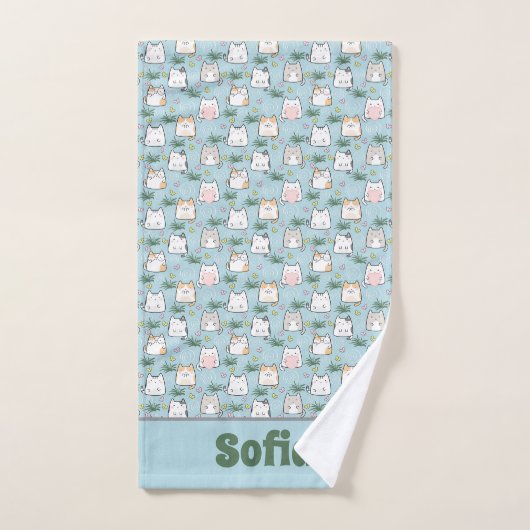 Cute kawaii kitty motif vert bleu nom (Serviette à main)