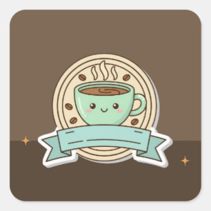 Cute Kawaii Koffiekop Logoontwerp - Bewerkbare Pas Vierkante Sticker