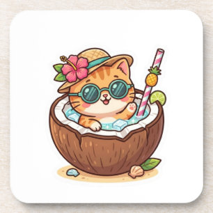 Cute Kawaii Kokosnoot Kat Zonnebril Zomer BSticker Bier Onderzetter